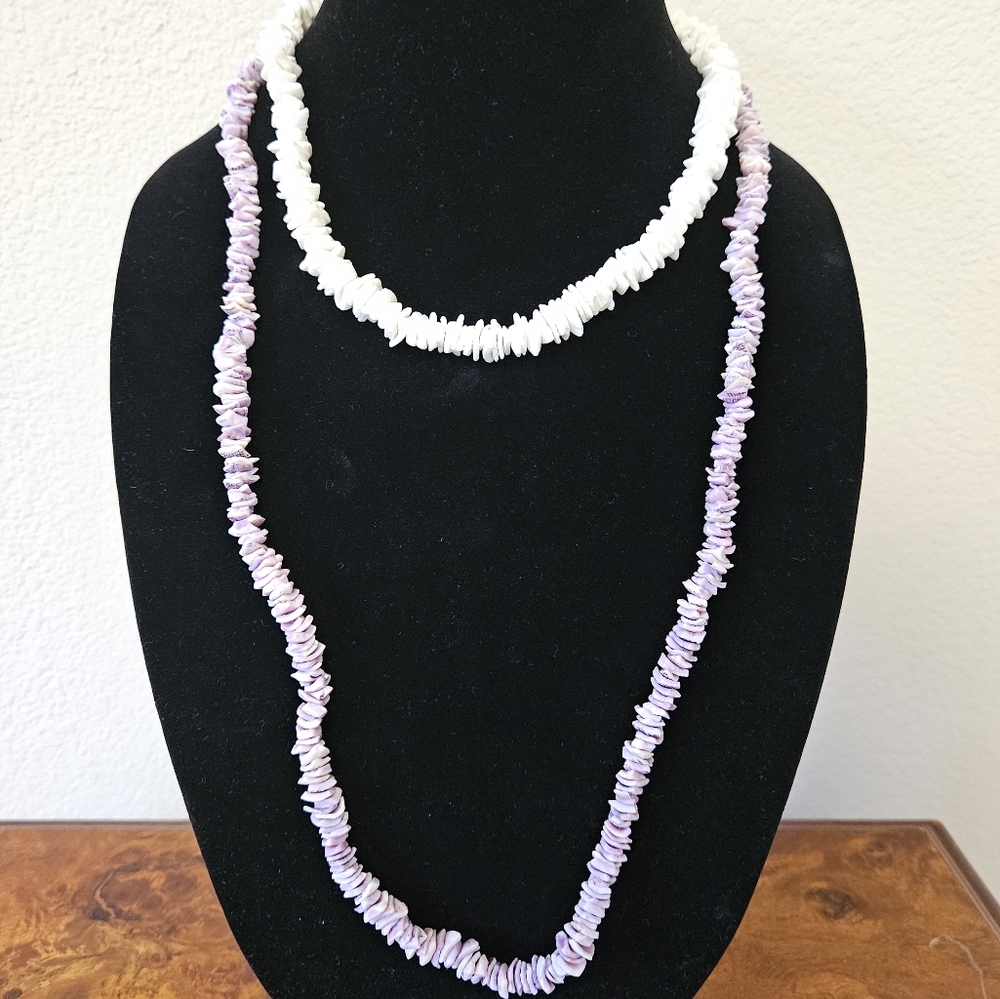 Pair Of Vtg Shell Chip Necklaces Purple & White